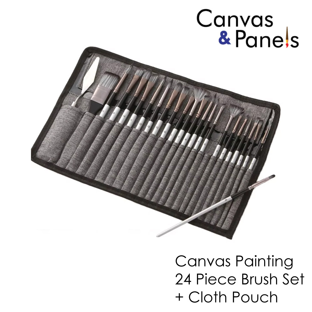 24 Nylon Brush Set Silver Grey Handle | For Oil, Acrylic, Gouache or Watercolour