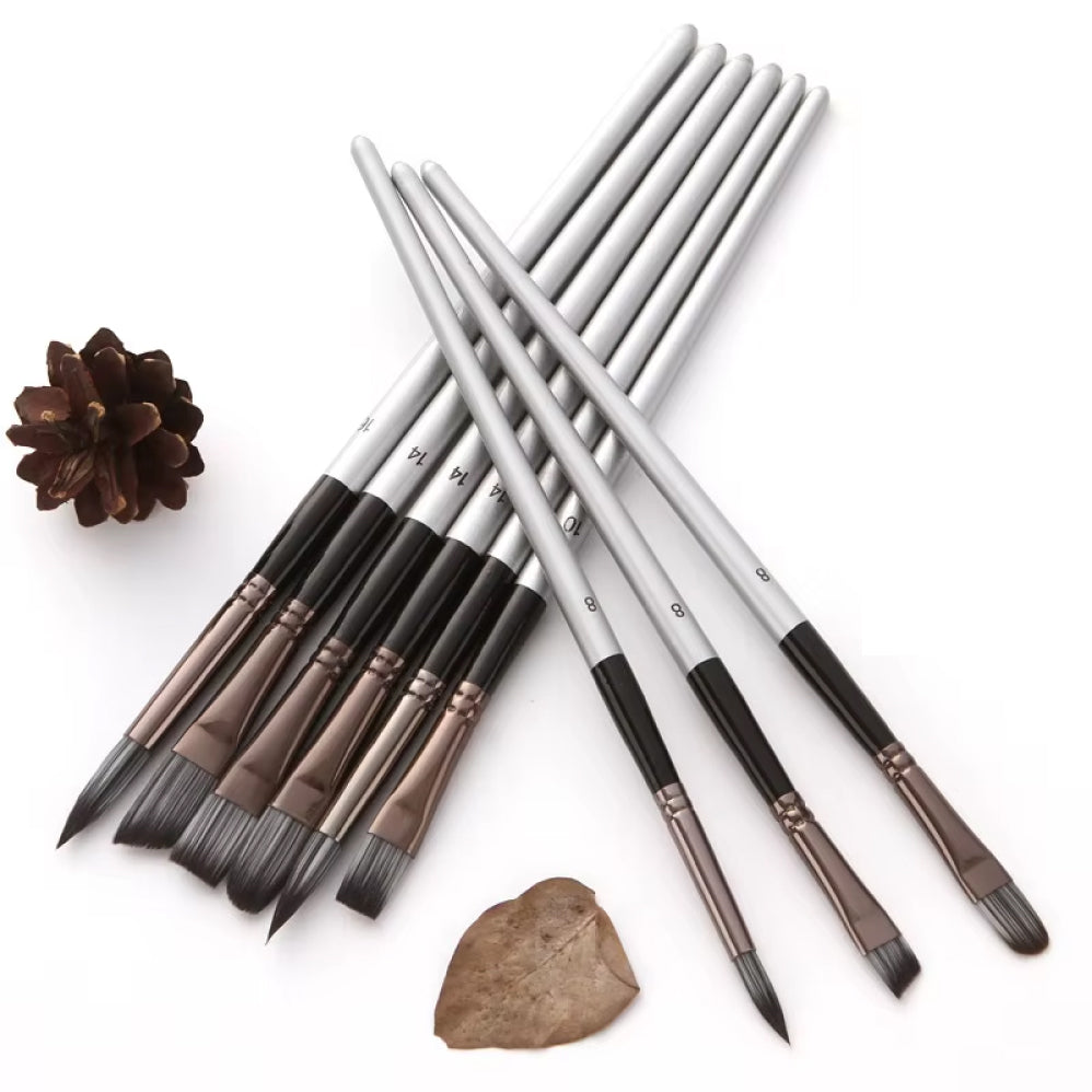 24 Nylon Brush Set Silver Grey Handle | For Oil, Acrylic, Gouache or Watercolour