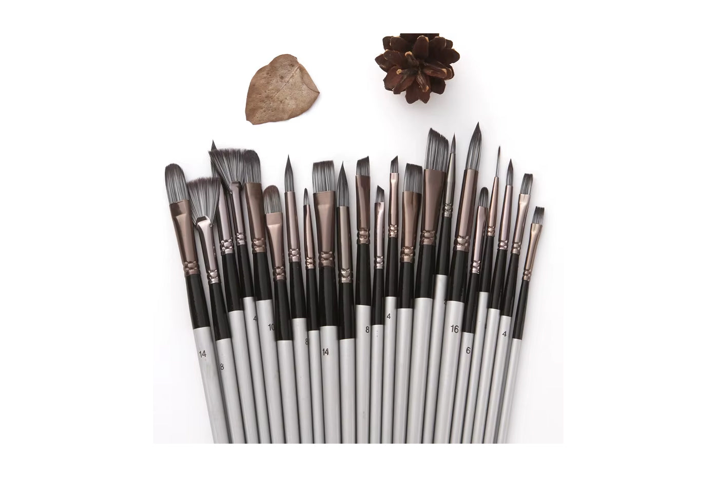 24 Nylon Brush Set Silver Grey Handle | For Oil, Acrylic, Gouache or Watercolour